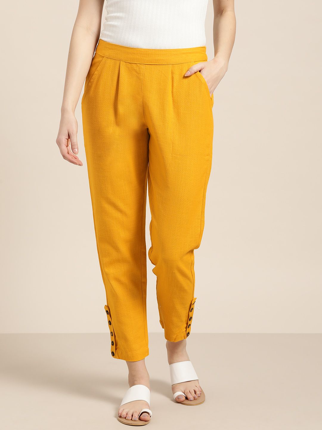 Jaipur Kurti Women Mustard Yellow Regular Fit Solid Regular Trousers Price in India