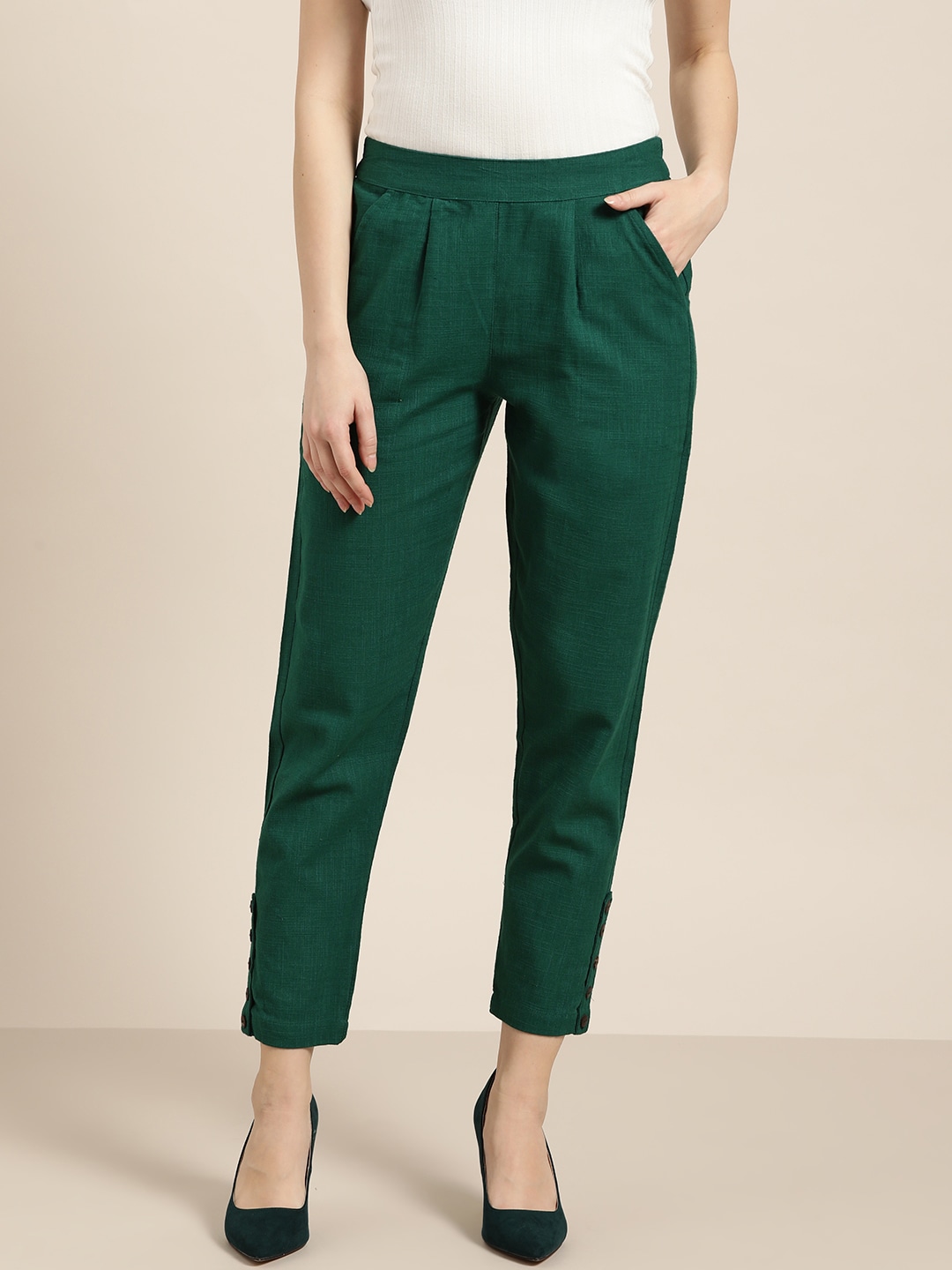 Jaipur Kurti Women Green Regular Fit Solid Regular Trousers Price in India