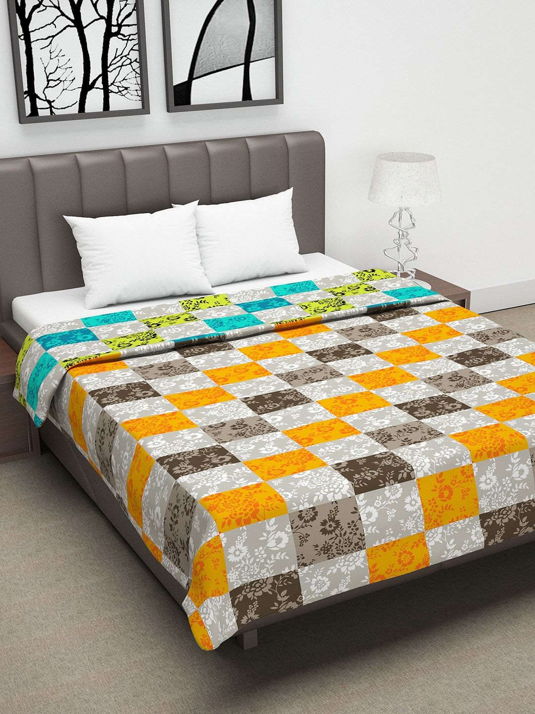 Divine Casa Orange & Grey Floral AC Room 110 GSM Double Bed Dohar Price in India