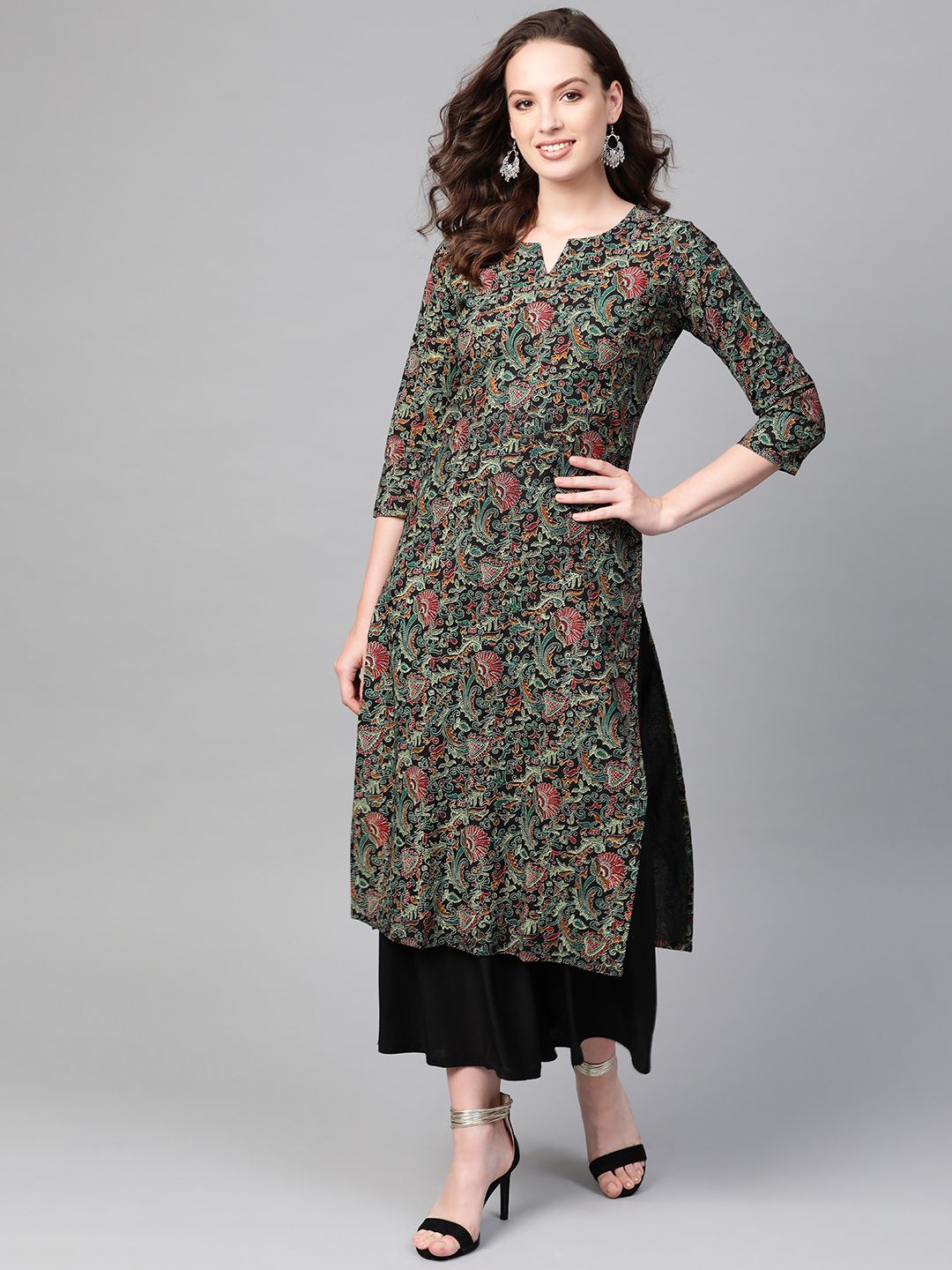 AHIKA Women Black & Green Printed Straight Kurta