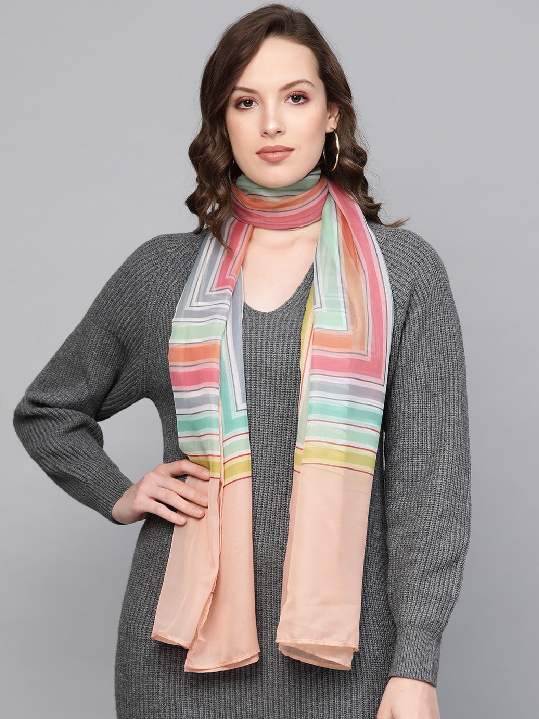 SASSAFRAS Women Peach-Coloured & Green Striped Stole Price in India