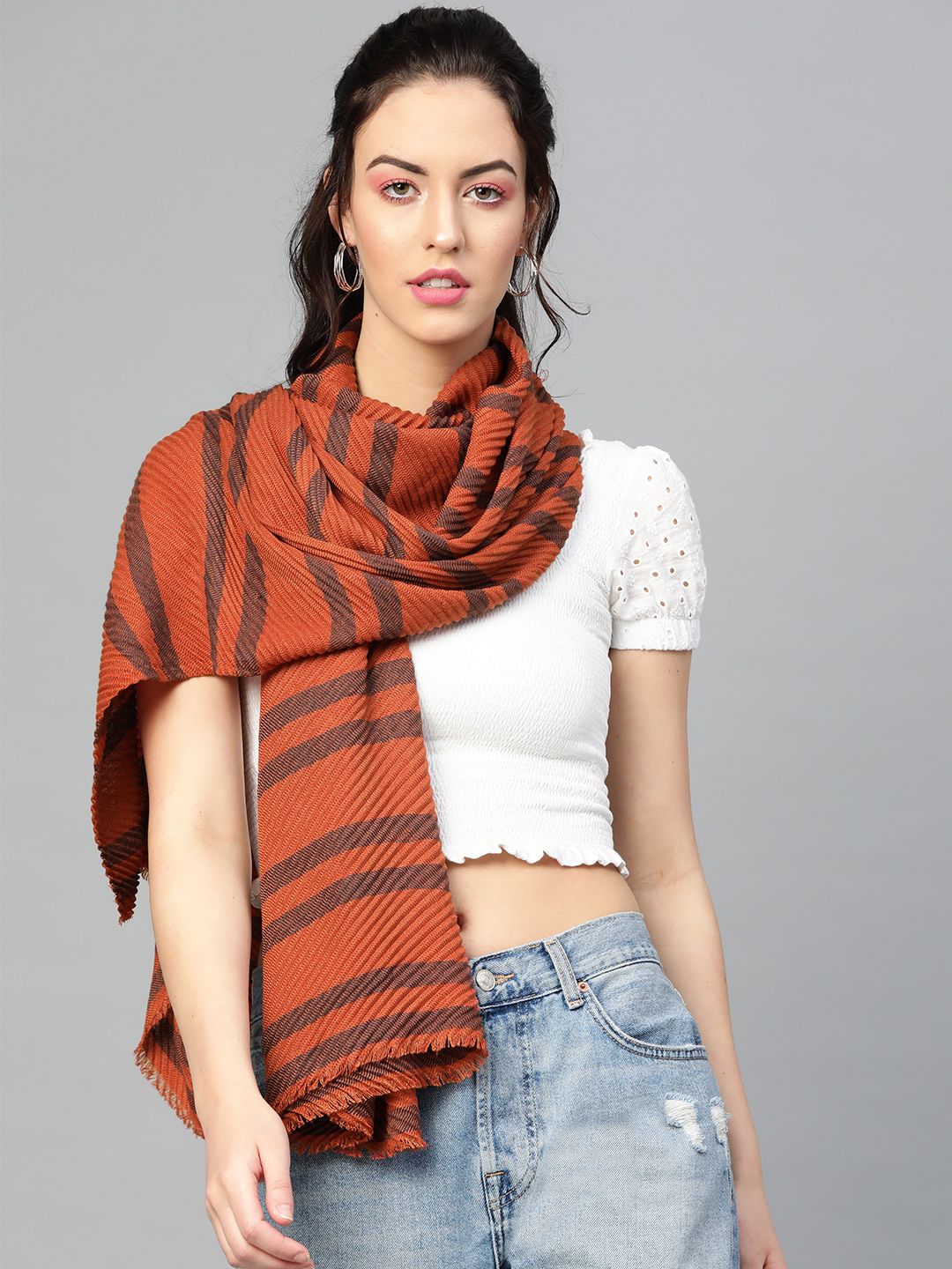 SASSAFRAS Women Rust Orange & Blue Striped Stole Price in India