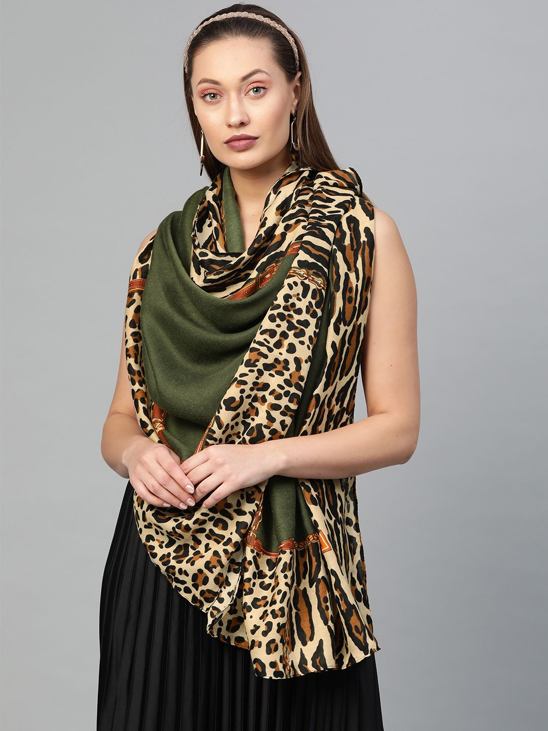 SASSAFRAS Olive Green & Beige Leopard Print Stoles Price in India