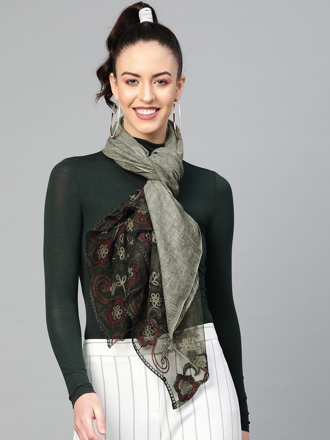 SASSAFRAS Olive Green Solid Scarf Price in India