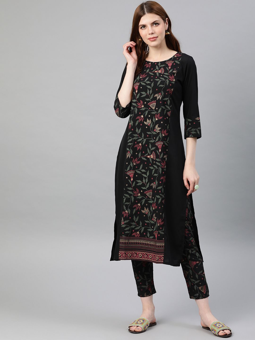 ZIYAA Women Black & Green Printed Kurta with Trousers