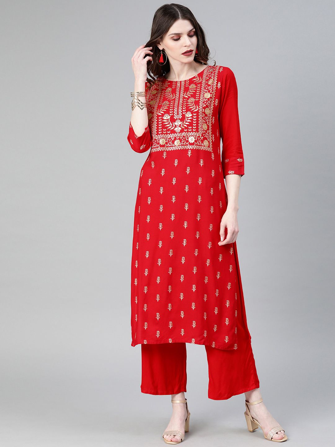 ZIYAA Women Red Printed Straight Kurta with Palazzo Price in India