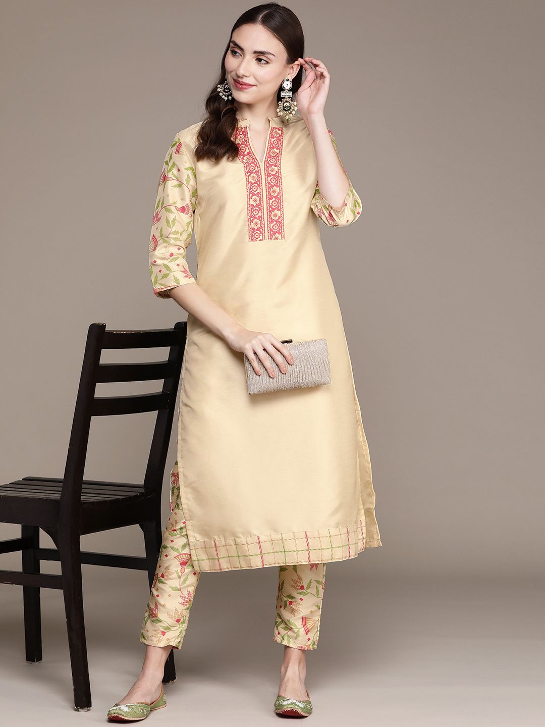 ZIYAA Women Cream-Coloured Solid Kurta with Trousers Price in India