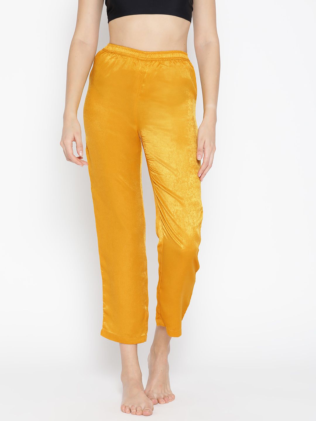 EROTISSCH Women Mustard Yellow Solid Satin Finish Cropped Lounge Pants Price in India