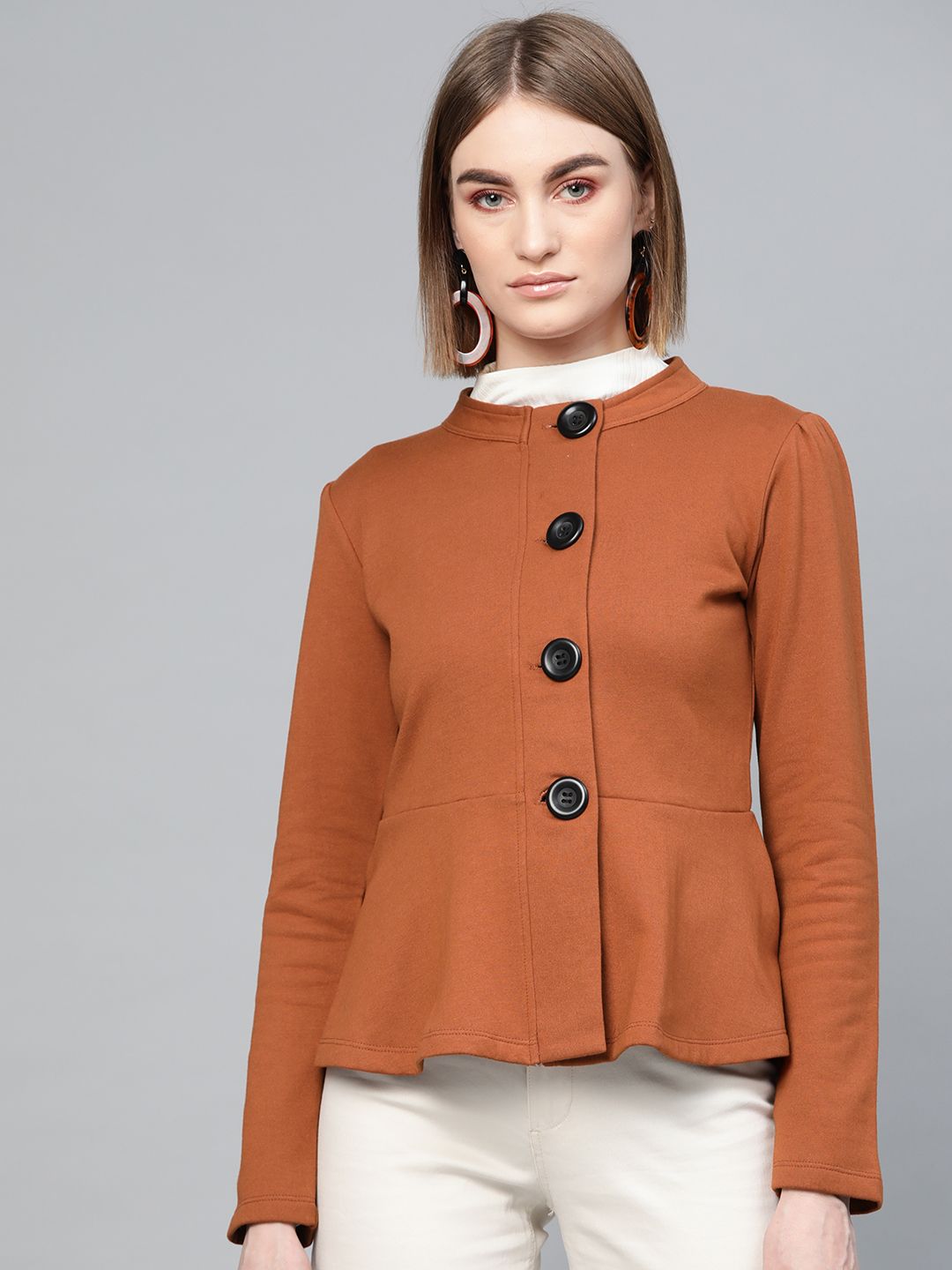 SASSAFRAS Women Brown Solid Peplum Jacket Price in India