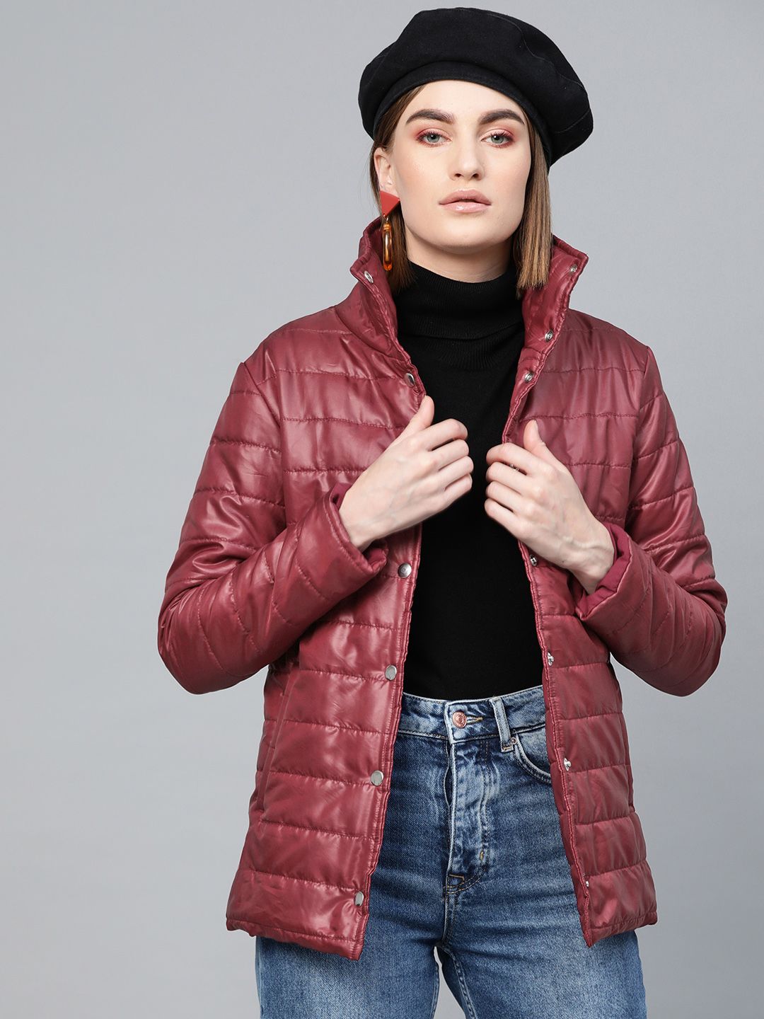 SASSAFRAS Women Maroon Solid Puffer Jacket Price in India