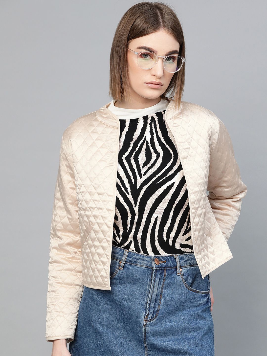 SASSAFRAS Women Cream-Coloured Solid Quilted Jacket Price in India