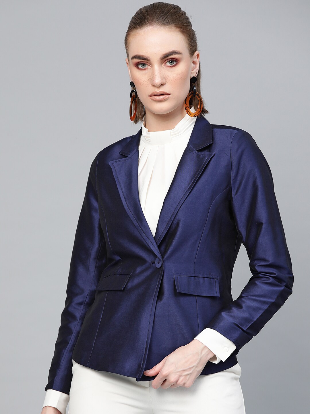 SASSAFRAS Women Navy Blue Solid Slim-Fit Partywear Blazer Price in India