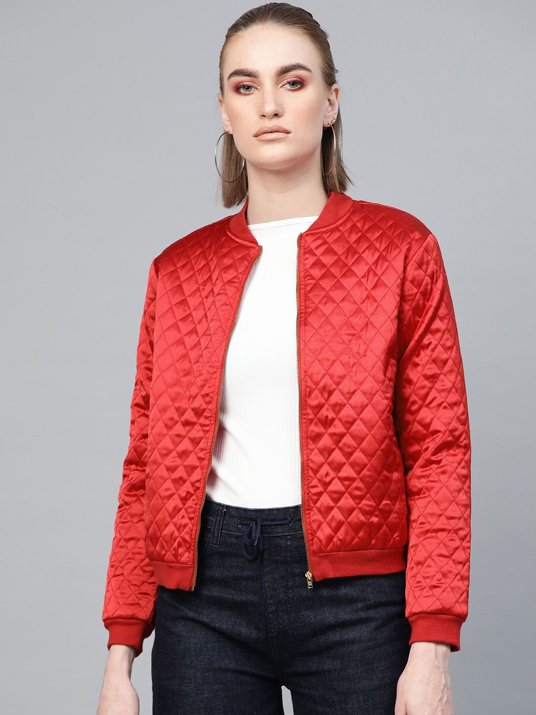 SASSAFRAS Women Red Solid Quilted Jacket Price in India