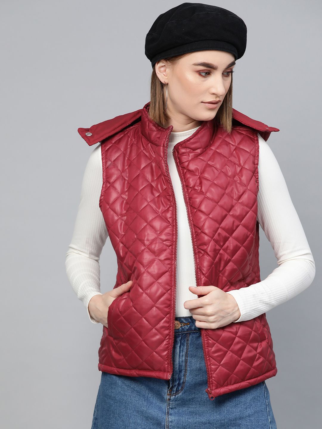 SASSAFRAS Women Maroon Solid Hooded Quilted Jacket Price in India