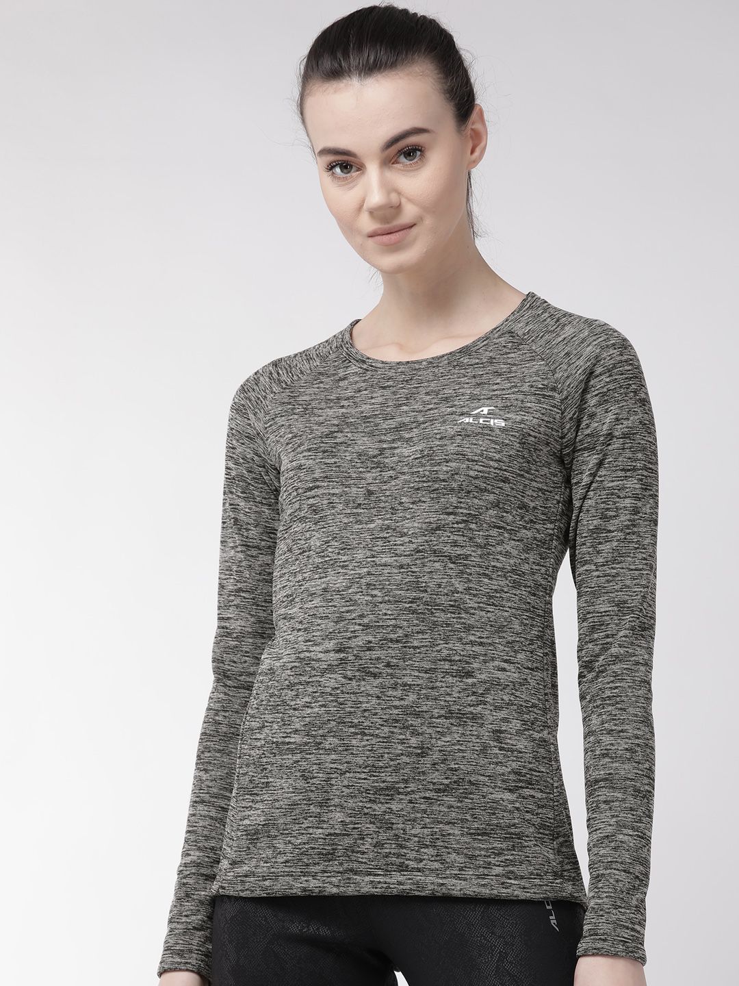 Alcis Women Grey & Black Self Design Round Neck T-shirt Price in India