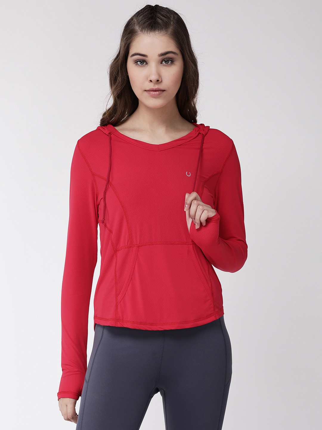 Fitkin Women Red Self Design Hood Training T-shirt Price in India