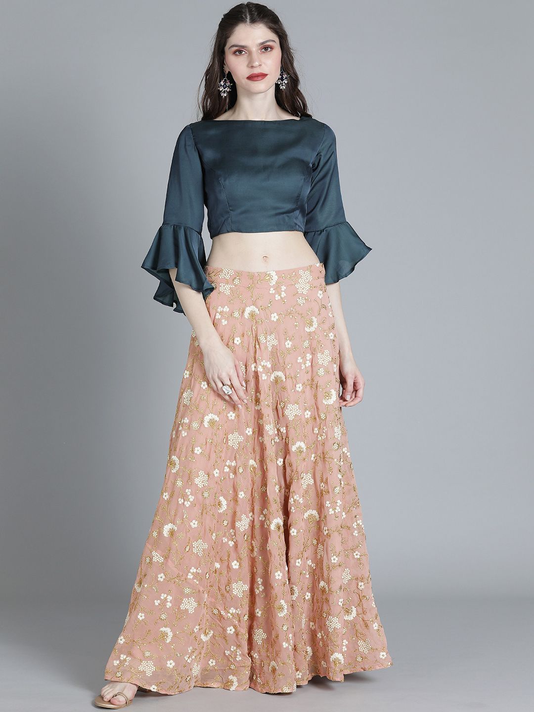 EthnoVogue Teal Blue & Peach Embroidered Made to Measure Lehenga with Blouse Price in India