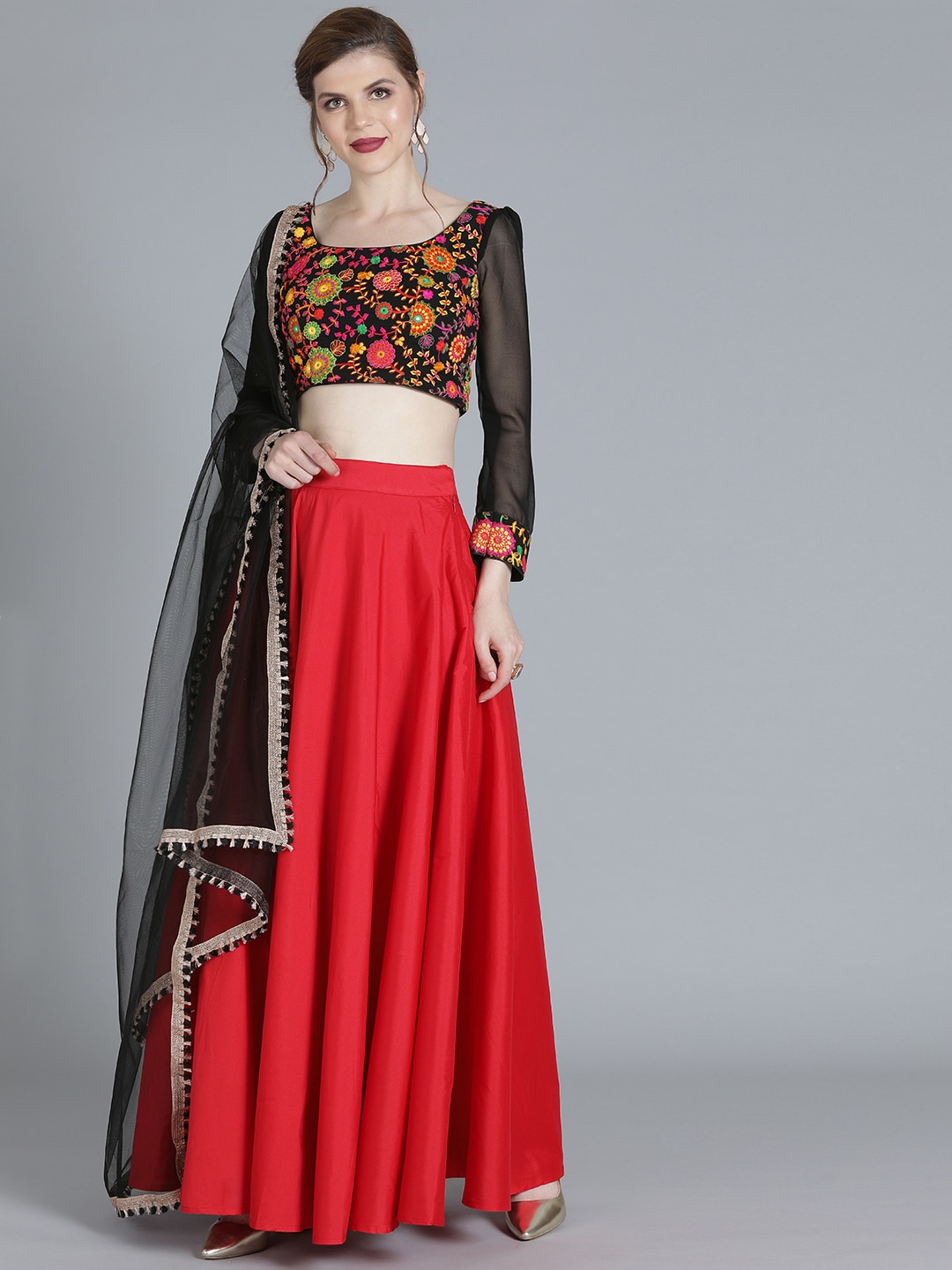 EthnoVogue Red & Black Embroidered Made to Measure Lehenga & Blouse with Dupatta Price in India