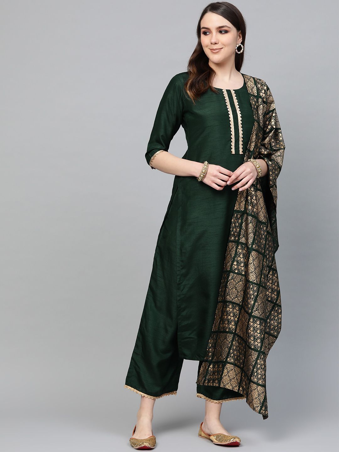 Libas Hunter Green Gotta Chanderi Kurta Set with Festive Traditional Stole Price in India