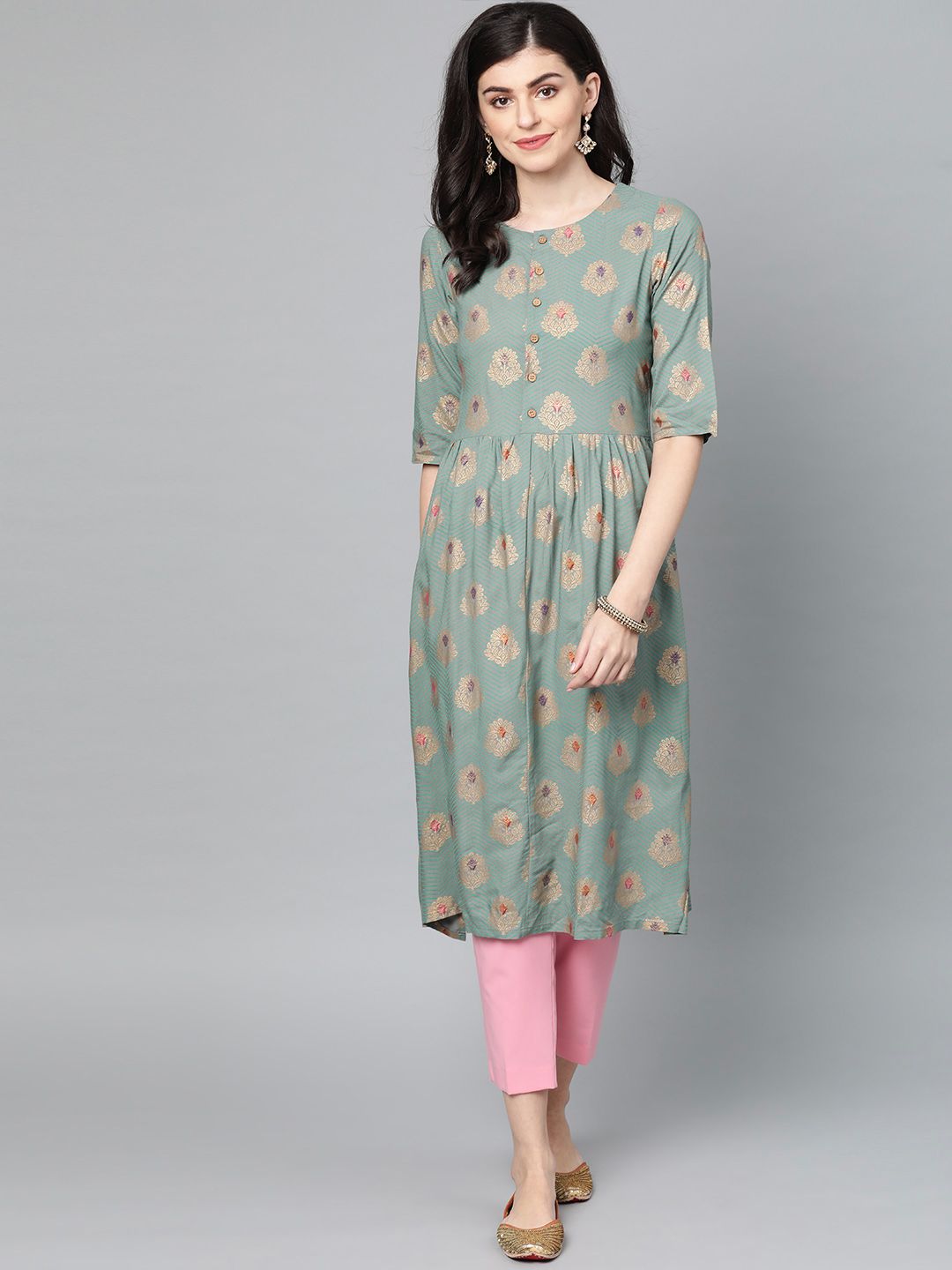 Popnetic Women Green & Golden Printed A-Line Kurta Price in India