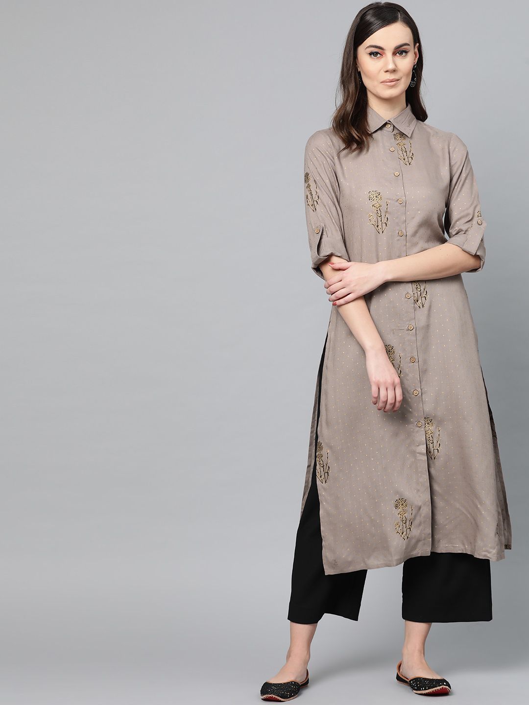 Popnetic Women Grey & Golden Printed Straight Kurta Price in India