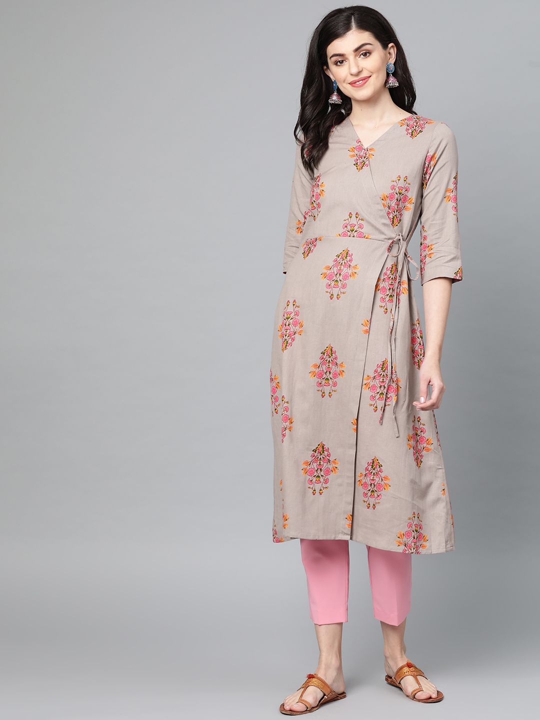 Popnetic Women Grey & Pink Printed Angrakha A-Line Kurta Price in India