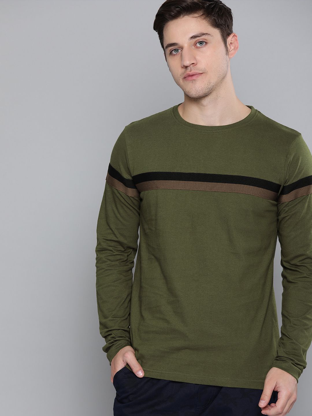 DILLINGER Men Olive Green  Black Striped Cotton Pure Cotton T-shirt