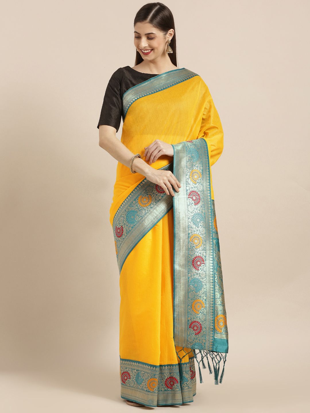 Varkala Silk Sarees Yellow Cotton Blend Solid Banarasi Saree Price in India