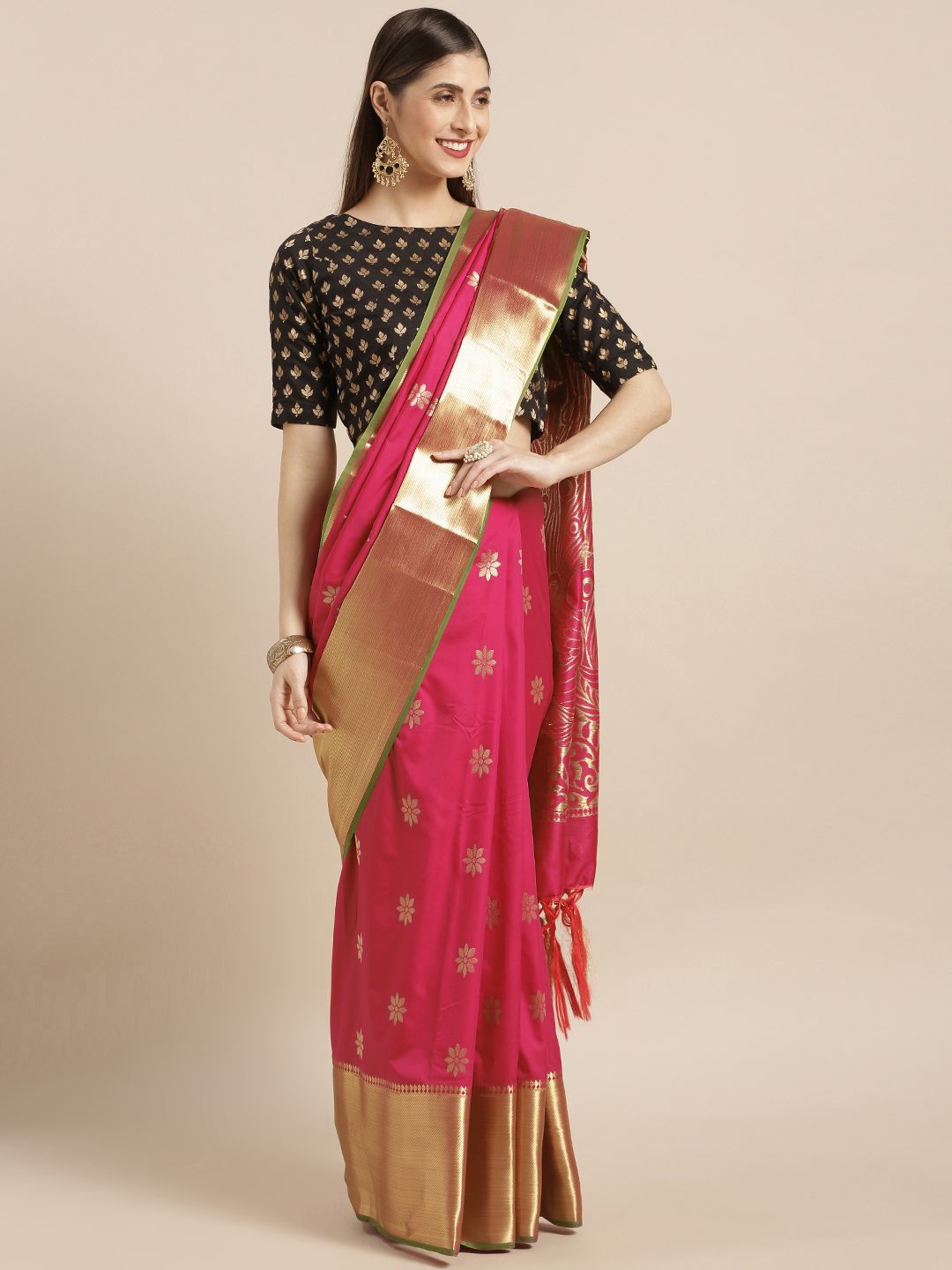 Varkala Silk Sarees Pink Silk Blend Woven Design Paithani Saree Price in India