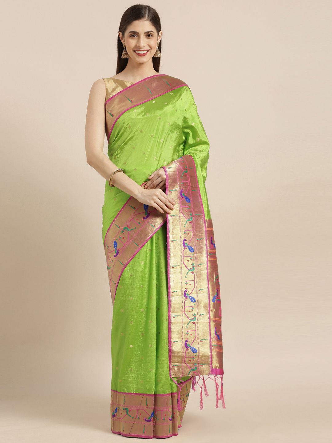 Varkala Silk Sarees Green & Pink Silk Blend Woven Design Paithani Saree Price in India