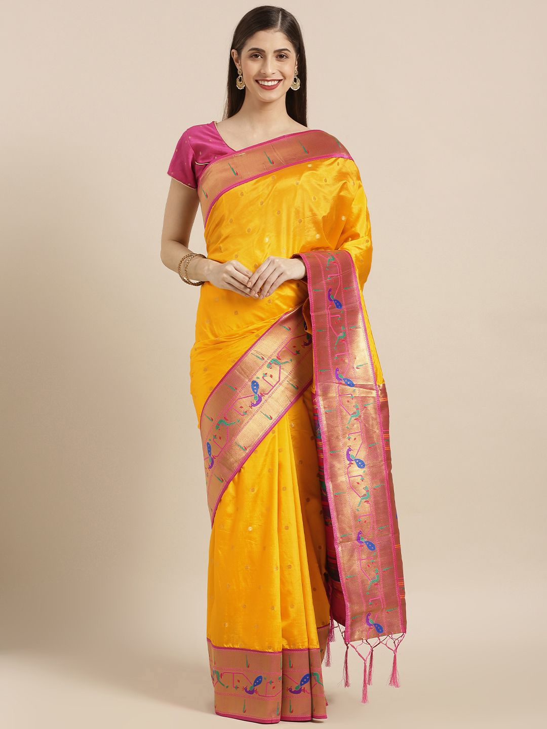 Varkala Silk Sarees Yellow Silk Blend Woven Design Paithani Saree Price in India