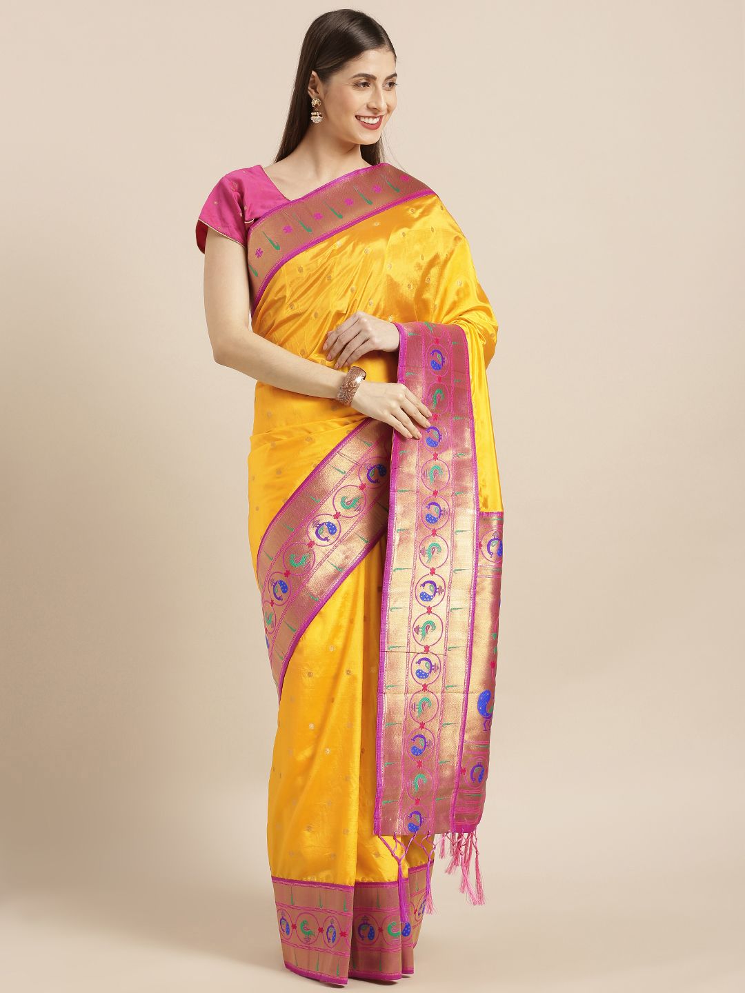 Varkala Silk Sarees Gold-Toned & Pink Silk Blend Woven Design Paithani Saree Price in India