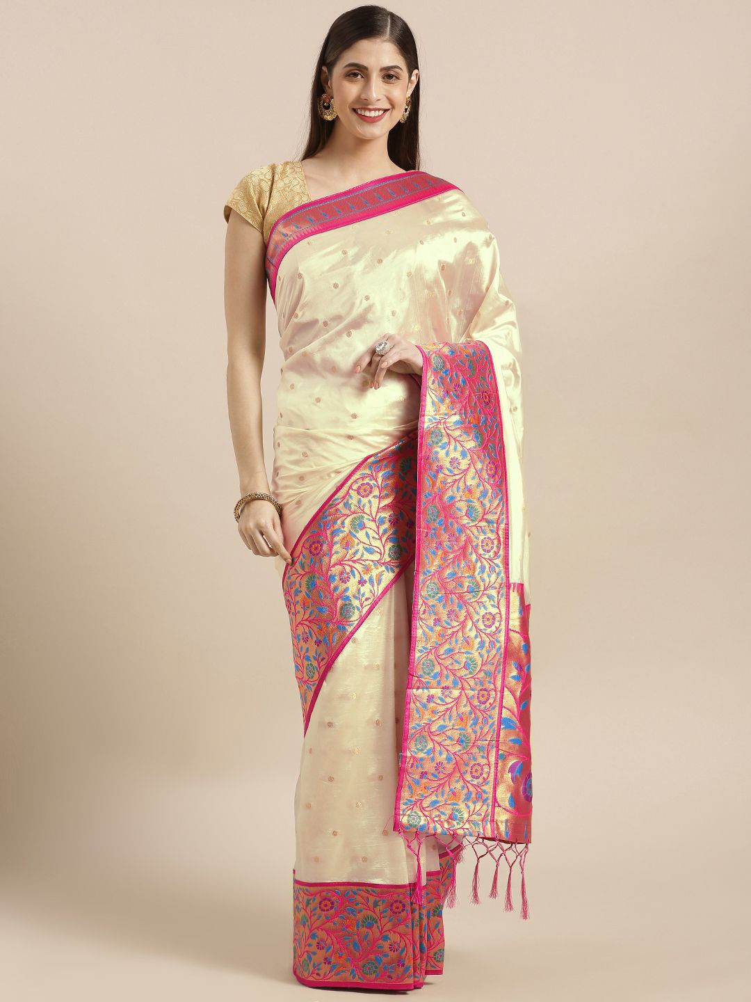 Varkala Silk Sarees Cream-Coloured & Pink Silk Blend Woven Design Paithani Saree Price in India