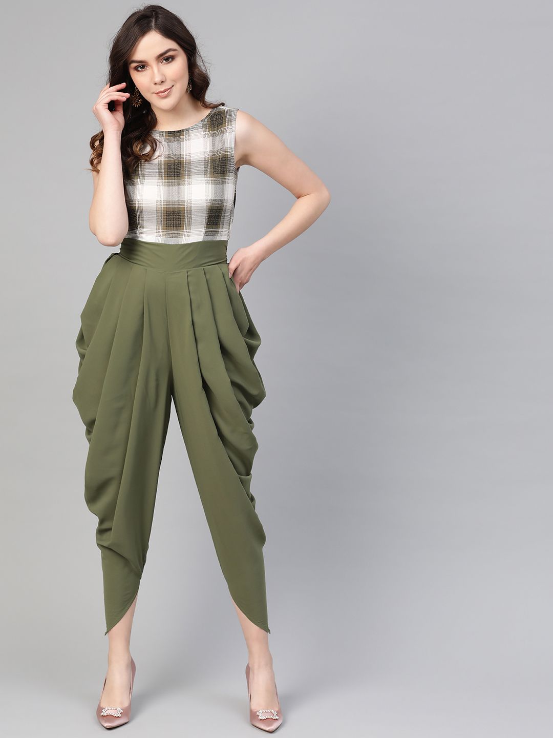 Zima Leto Women Olive Green & Off-White Checked Culotte Jumpsuit Price in India
