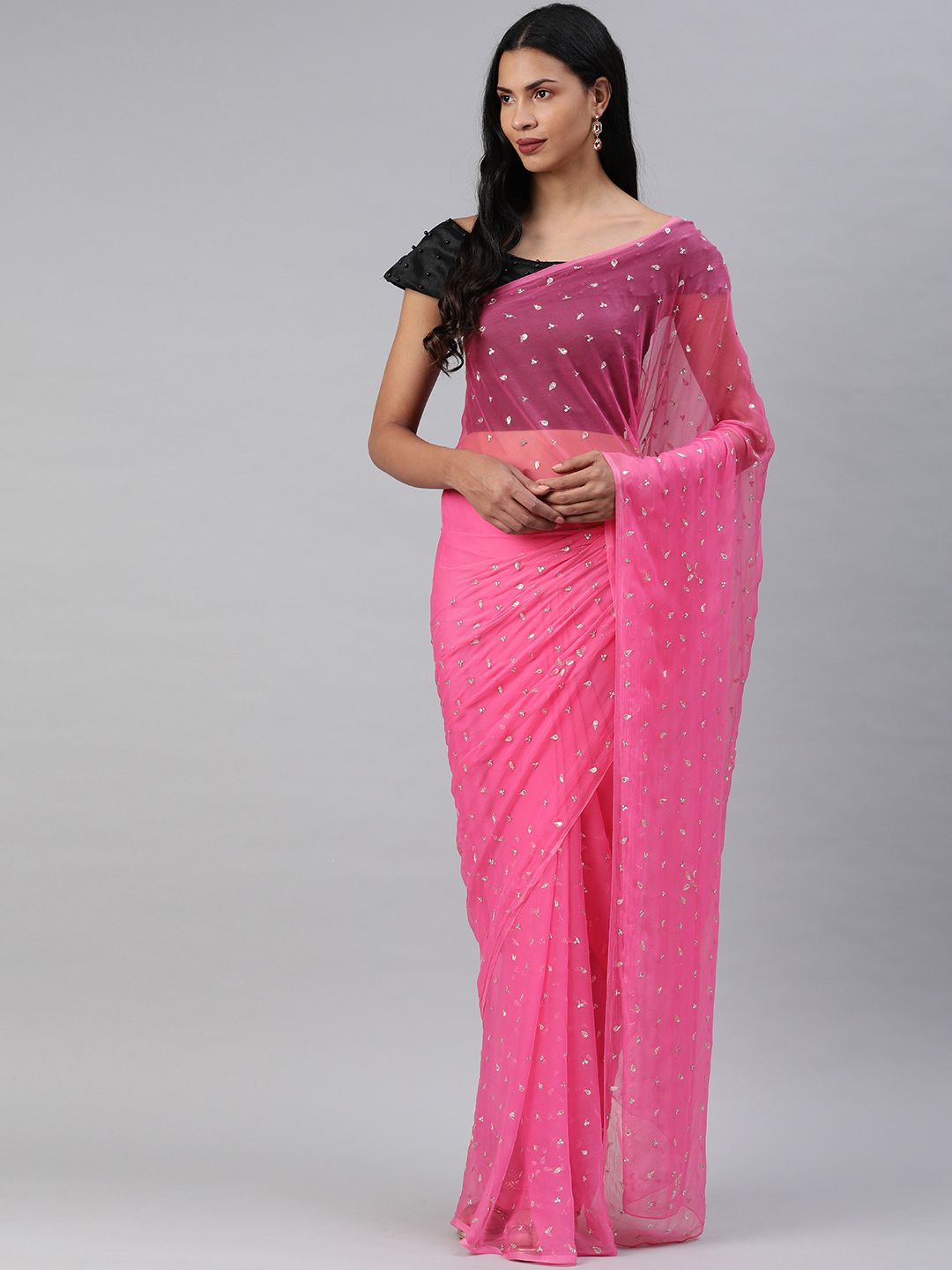 Geroo Jaipur Hand Embroidered Pink Sequins Pure Chiffon Sustainable Saree Price in India