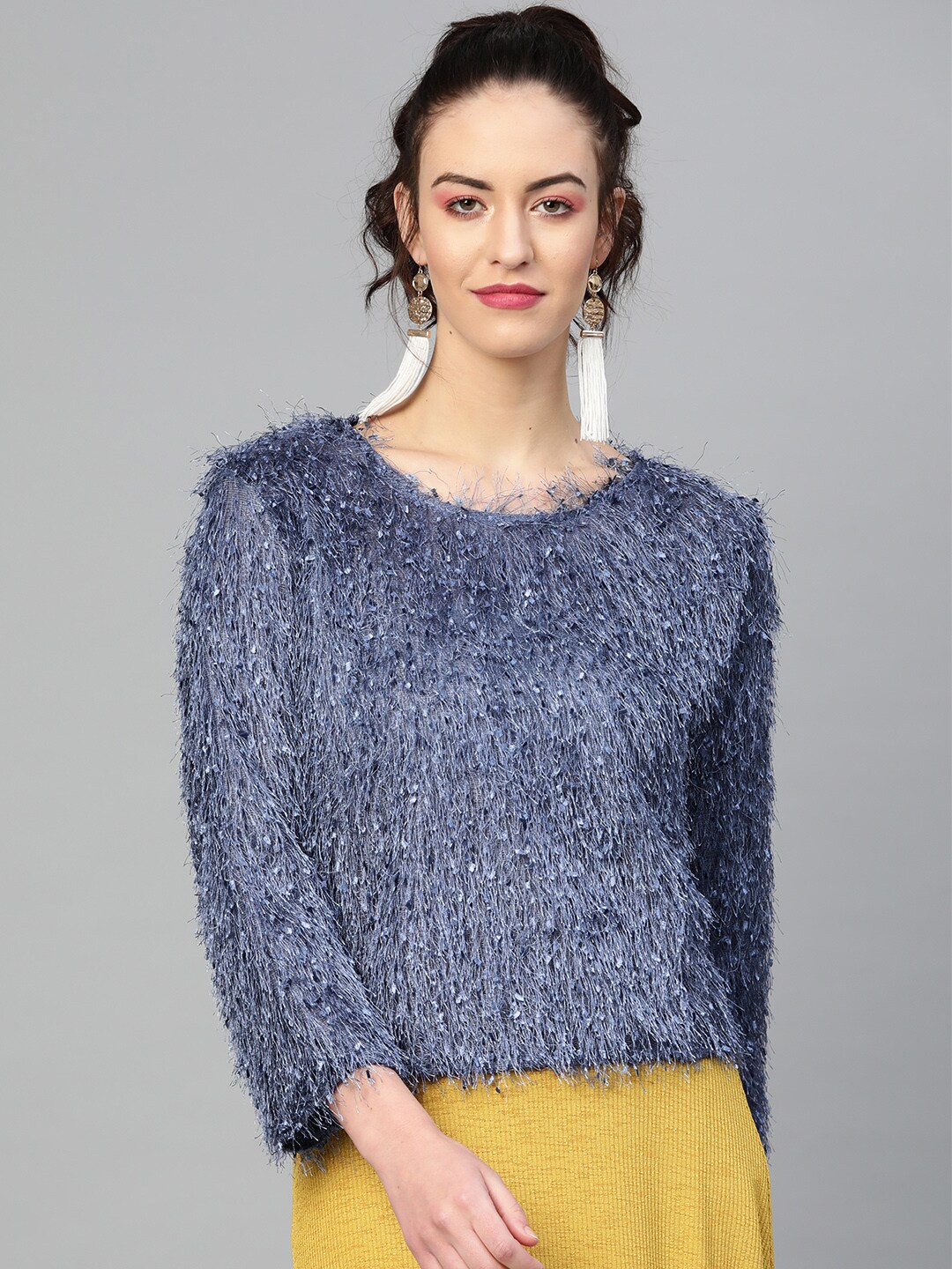 SASSAFRAS Women Blue Self Design Sweater Price in India
