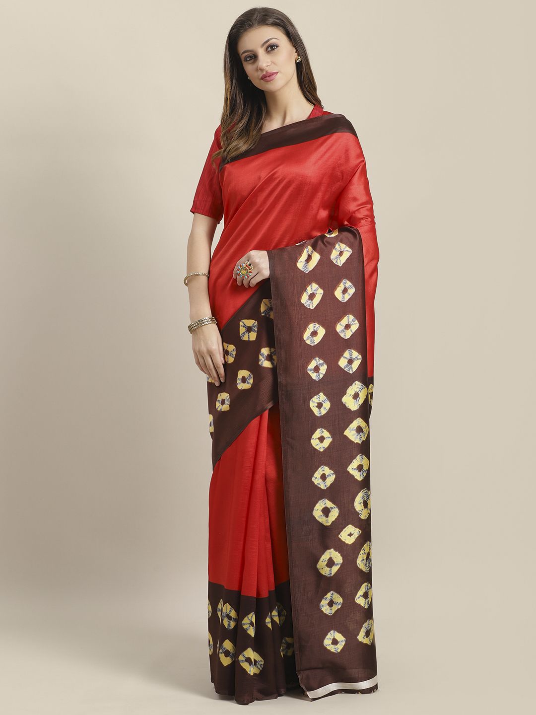 Saree mall Red & Brown Solid Bhagalpuri Saree Price in India