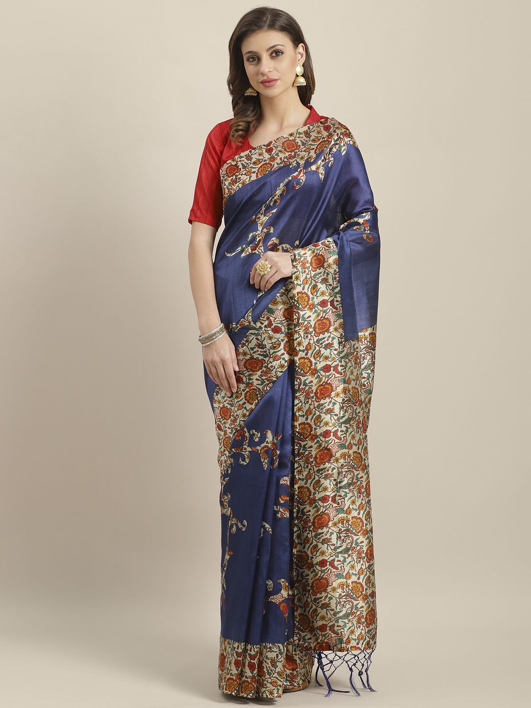 Saree mall Navy Blue & Beige Printed Bhagalpuri Saree Price in India