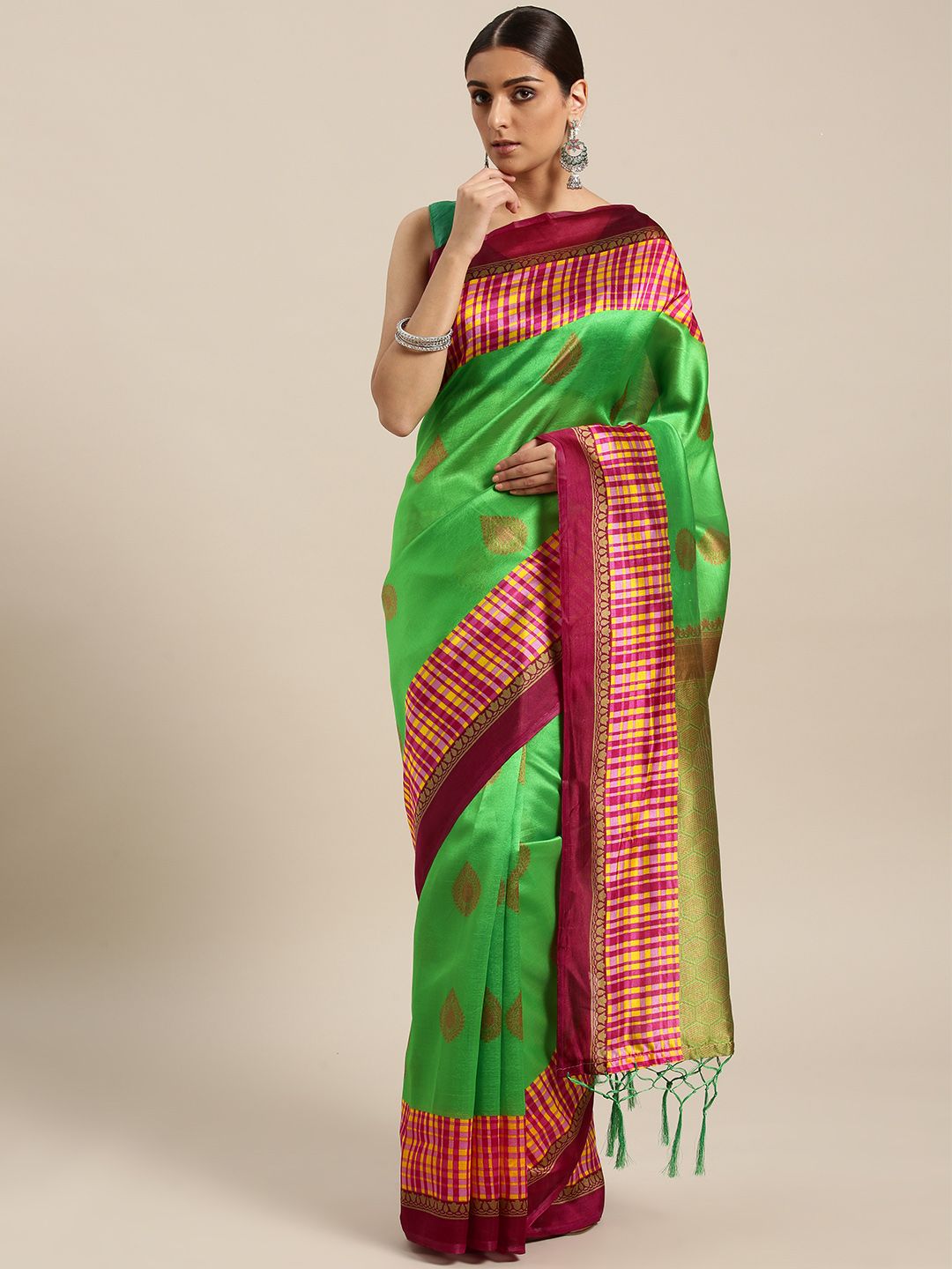 Saree mall Green & Beige Printed Bhagalpuri Saree Price in India