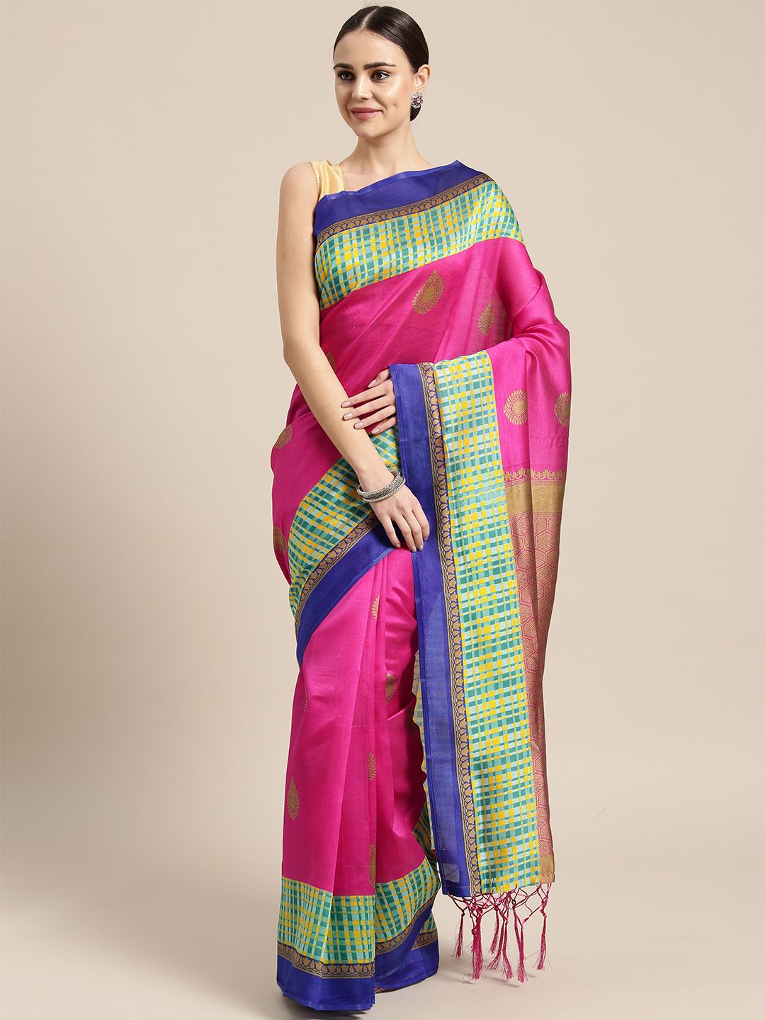 Saree mall Pink & Green Printed Bhagalpuri Saree Price in India