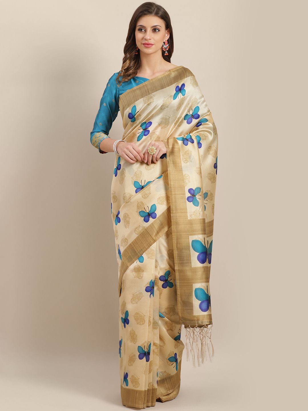 Saree mall Cream-Coloured & Blue Printed Bhagalpuri Saree Price in India