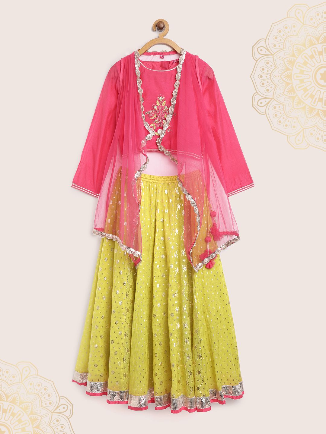 Biba Girls Pink & Green Embroidered Ready to Wear Lehenga & Blouse with Shrug