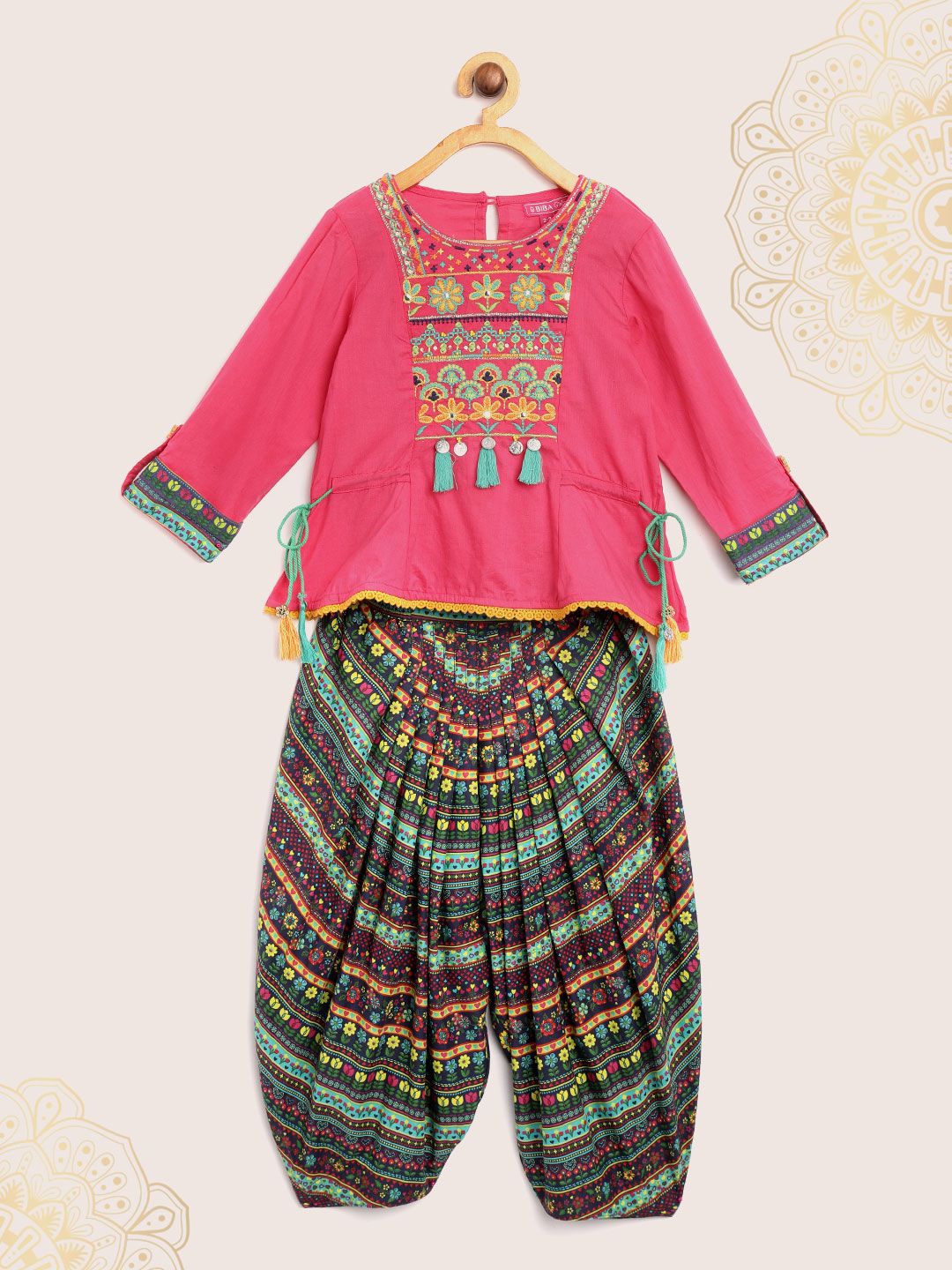 Biba Girls Pink Yoke Design Kurti with Navy Blue Dhoti Pants