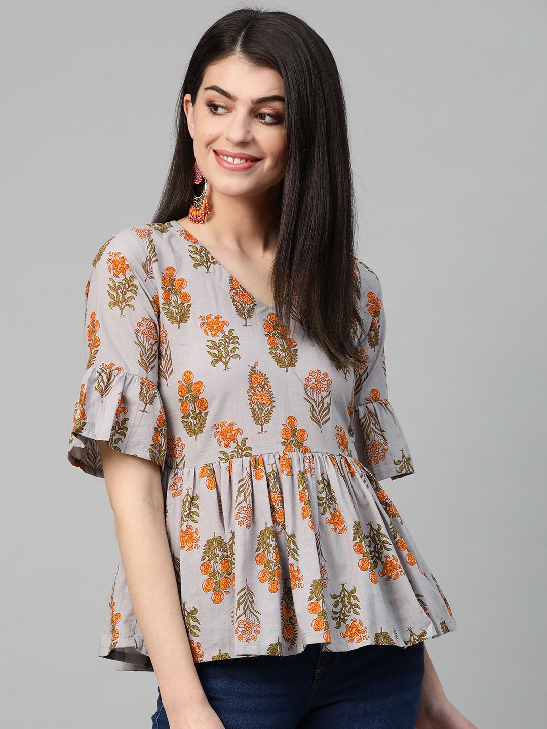 Nayo Women Grey & Orange Printed A-Line Top