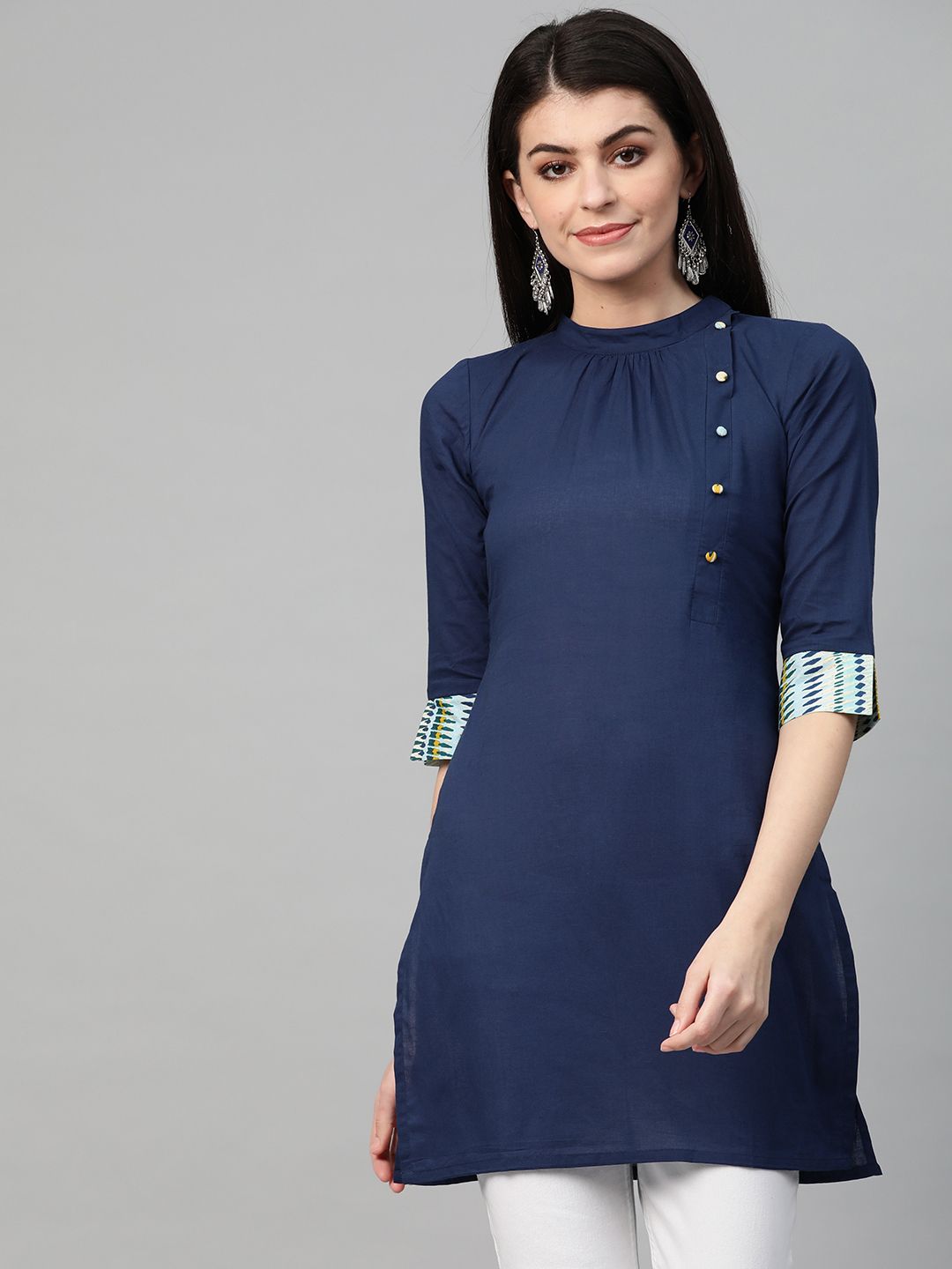 Nayo Women Navy Blue Solid High Neck Tunic Price in India