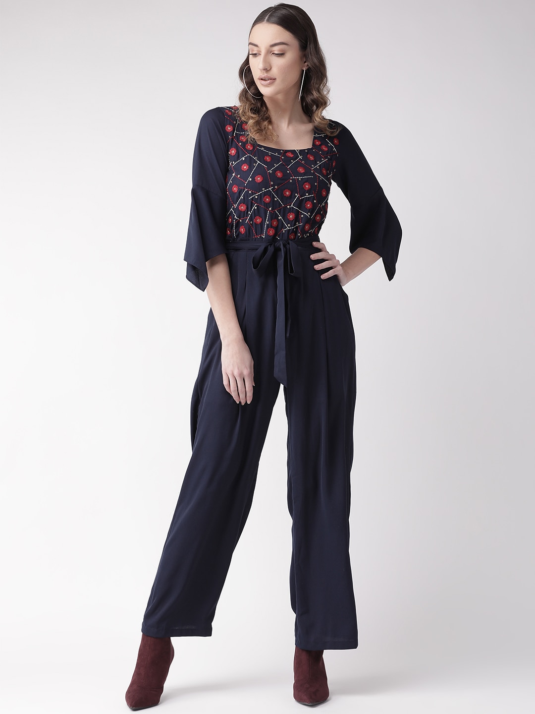 Antheaa Women Navy Blue & Red Embroidered Detail Basic Jumpsuit Price in India