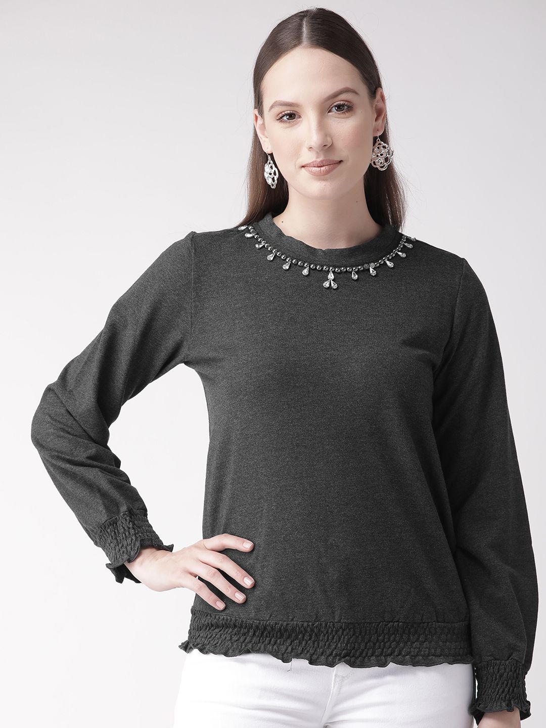 Antheaa Women Charcoal Grey Solid Sweatshirt Price in India