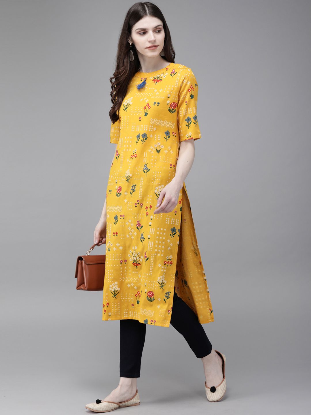 Anouk Women Mustard Yellow & Green Printed Straight Kurta Price in India