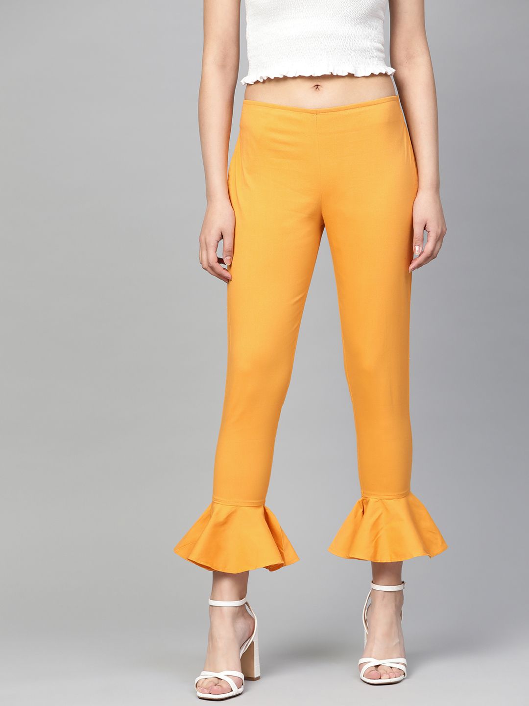 Jompers Women Mustard Yellow Smart Slim Fit Solid Regular Trousers Price in India