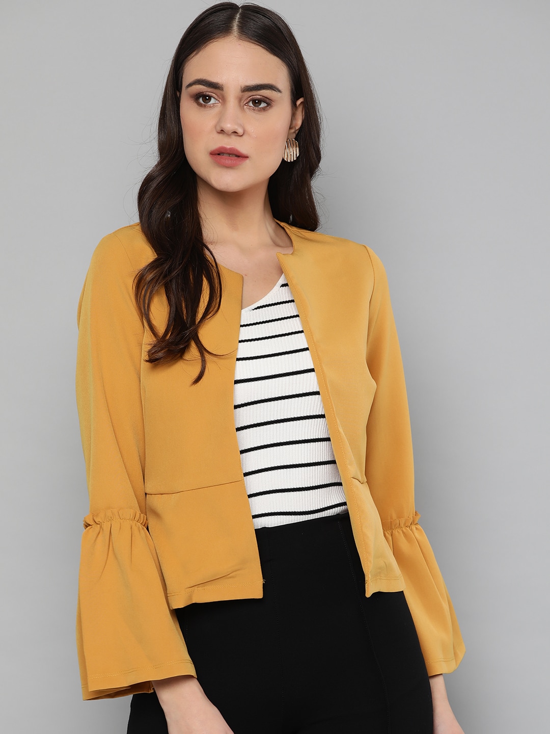 Harpa Women Mustard Yellow Solid Open Front Jacket Price in India
